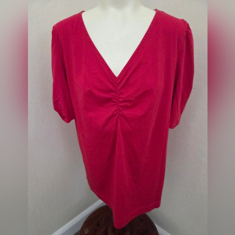 LOFT Red Ruched V-Neck Blouse